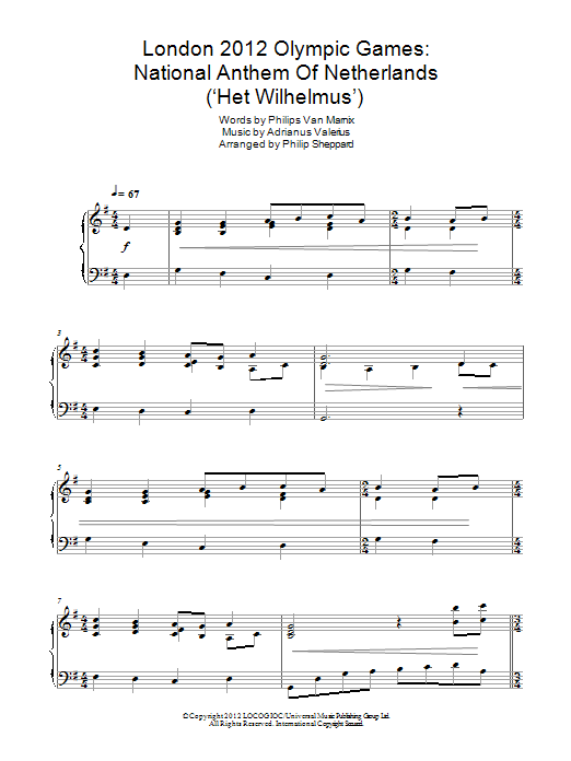 Philip Sheppard London 2012 Olympic Games: National Anthem Of Netherlands ('Het Wilhelmus') Sheet Music Notes & Chords for Piano - Download or Print PDF