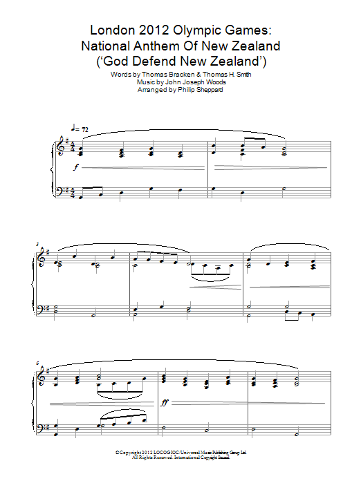 Philip Sheppard London 2012 Olympic Games: National Anthem Of New Zealand ('God Defend New Zealand') Sheet Music Notes & Chords for Piano - Download or Print PDF