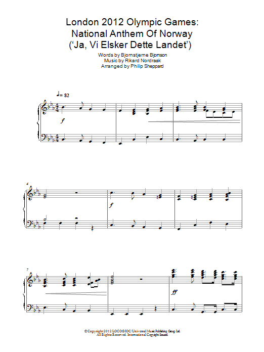 Philip Sheppard London 2012 Olympic Games: National Anthem Of Norway ('Ja, Vi Elsker Dette Landet') Sheet Music Notes & Chords for Piano - Download or Print PDF