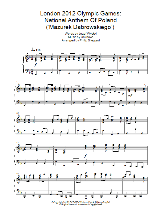 Philip Sheppard London 2012 Olympic Games: National Anthem Of Poland ('Mazurek Dabrowskiego') Sheet Music Notes & Chords for Piano - Download or Print PDF