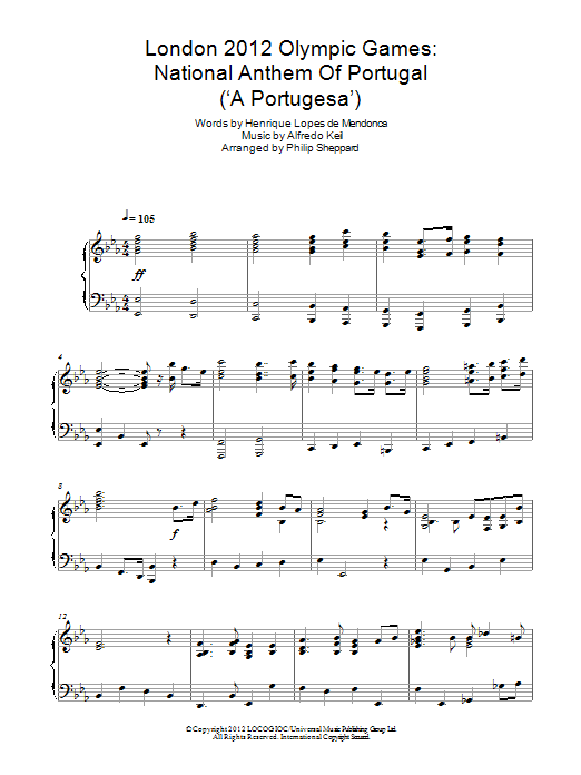 Philip Sheppard london 2012 Olympic Games: National Anthem Of Portugal ('A Portugesa') Sheet Music Notes & Chords for Piano - Download or Print PDF