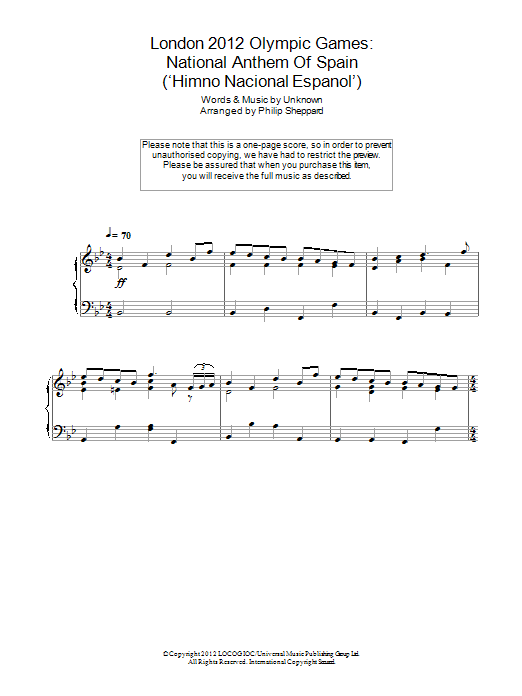 Philip Sheppard London 2012 Olympic Games: National Anthem Of Spain ('Himno Nacional Espanol') Sheet Music Notes & Chords for Piano - Download or Print PDF