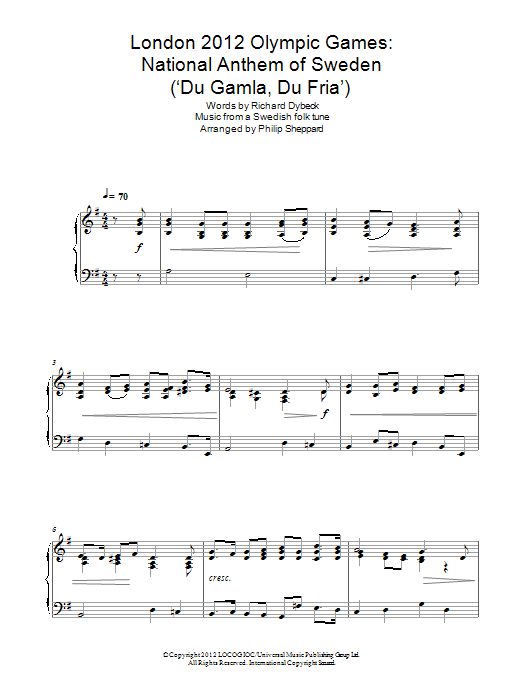 Philip Sheppard London 2012 Olympic Games: National Anthem Of Sweden ('Du Gamla, Du Fria') Sheet Music Notes & Chords for Piano - Download or Print PDF
