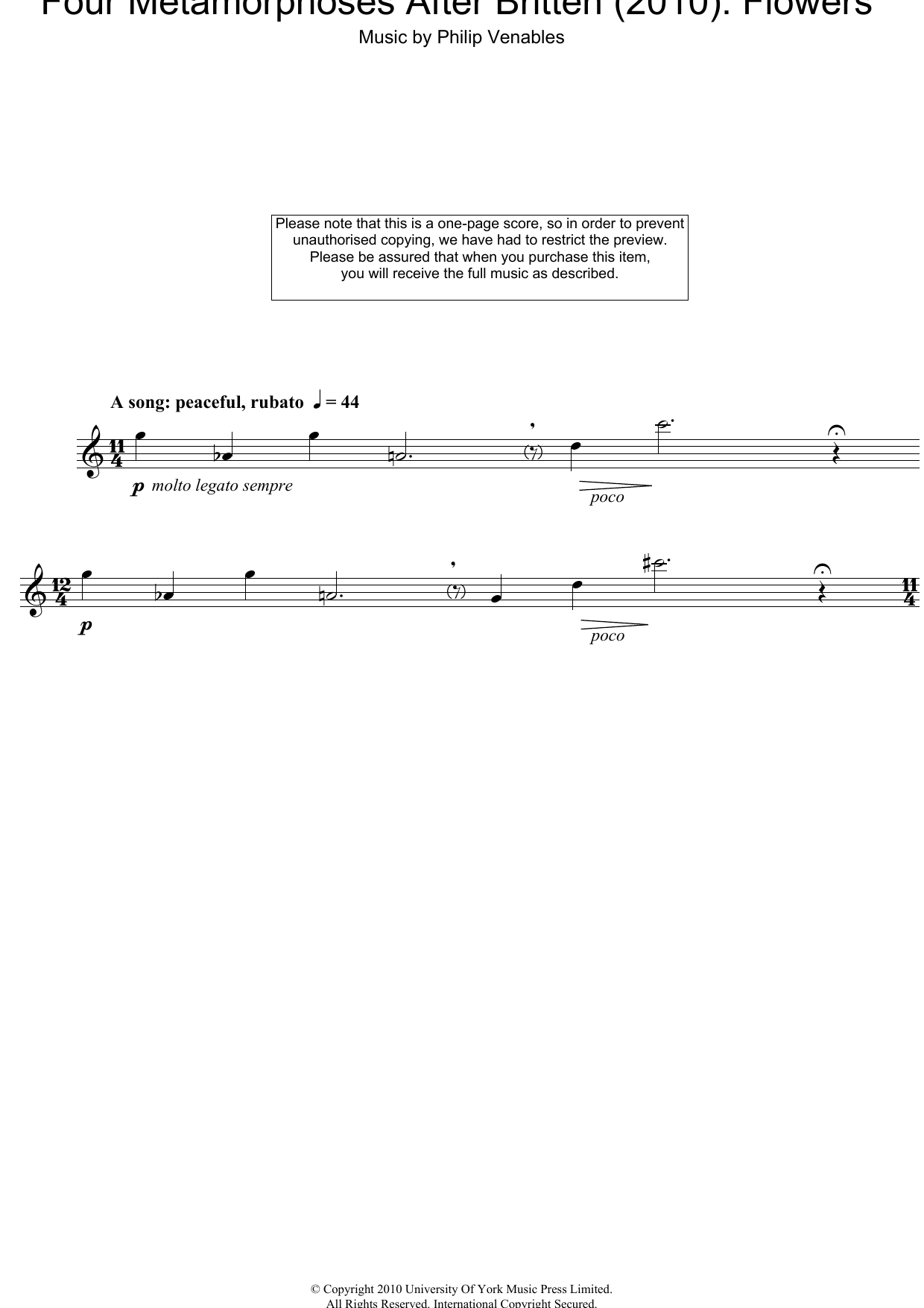 Philip Venables Four Metamorphoses After Britten (2010): Flowers Sheet Music Notes & Chords for Oboe - Download or Print PDF