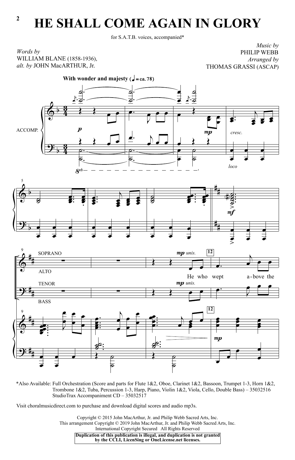 Philip Webb He Shall Come Again In Glory (arr. Thomas Grassi) Sheet Music Notes & Chords for SATB Choir - Download or Print PDF