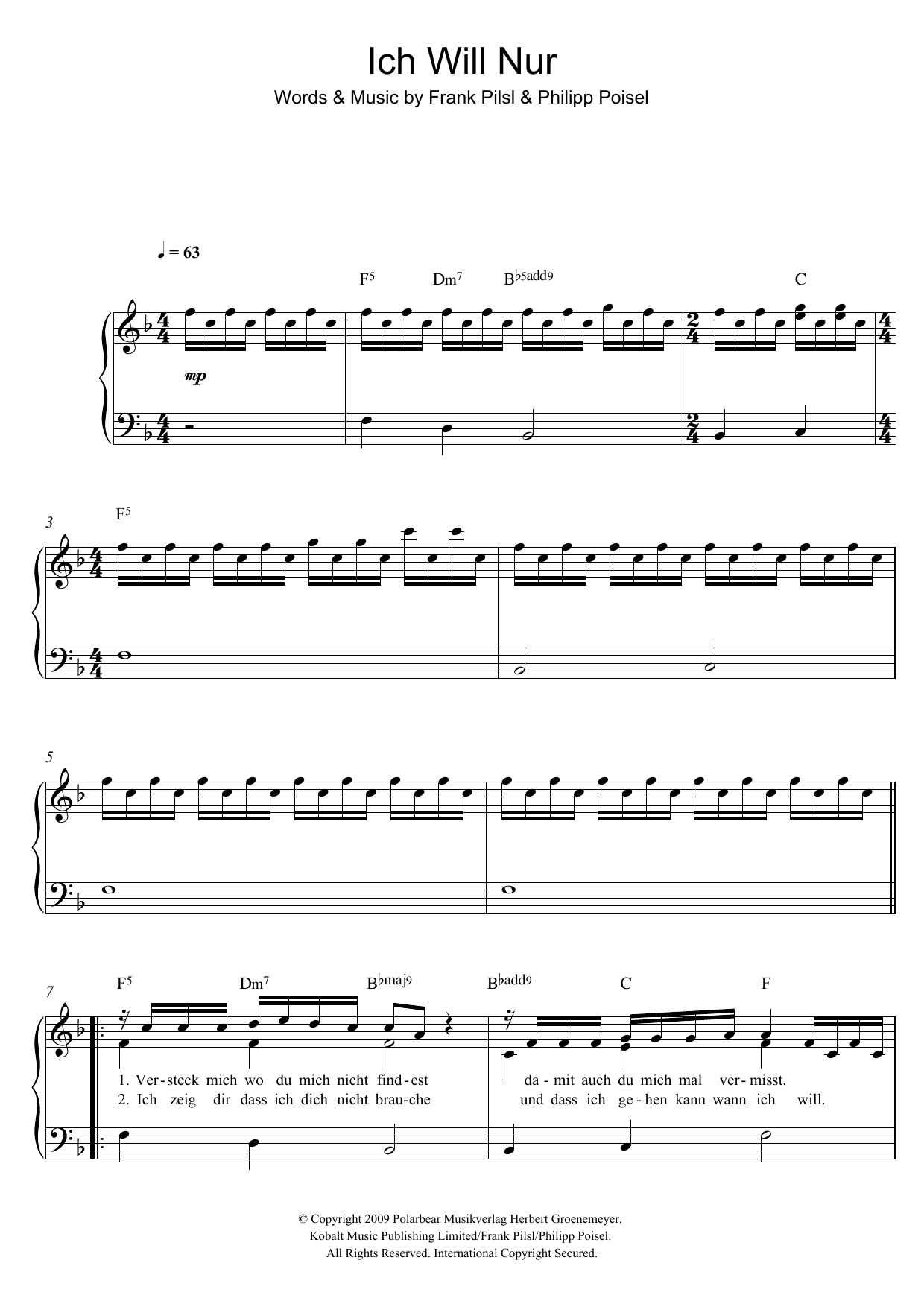 Philipp Poisel Ich Will Nur Sheet Music Notes & Chords for Easy Piano - Download or Print PDF