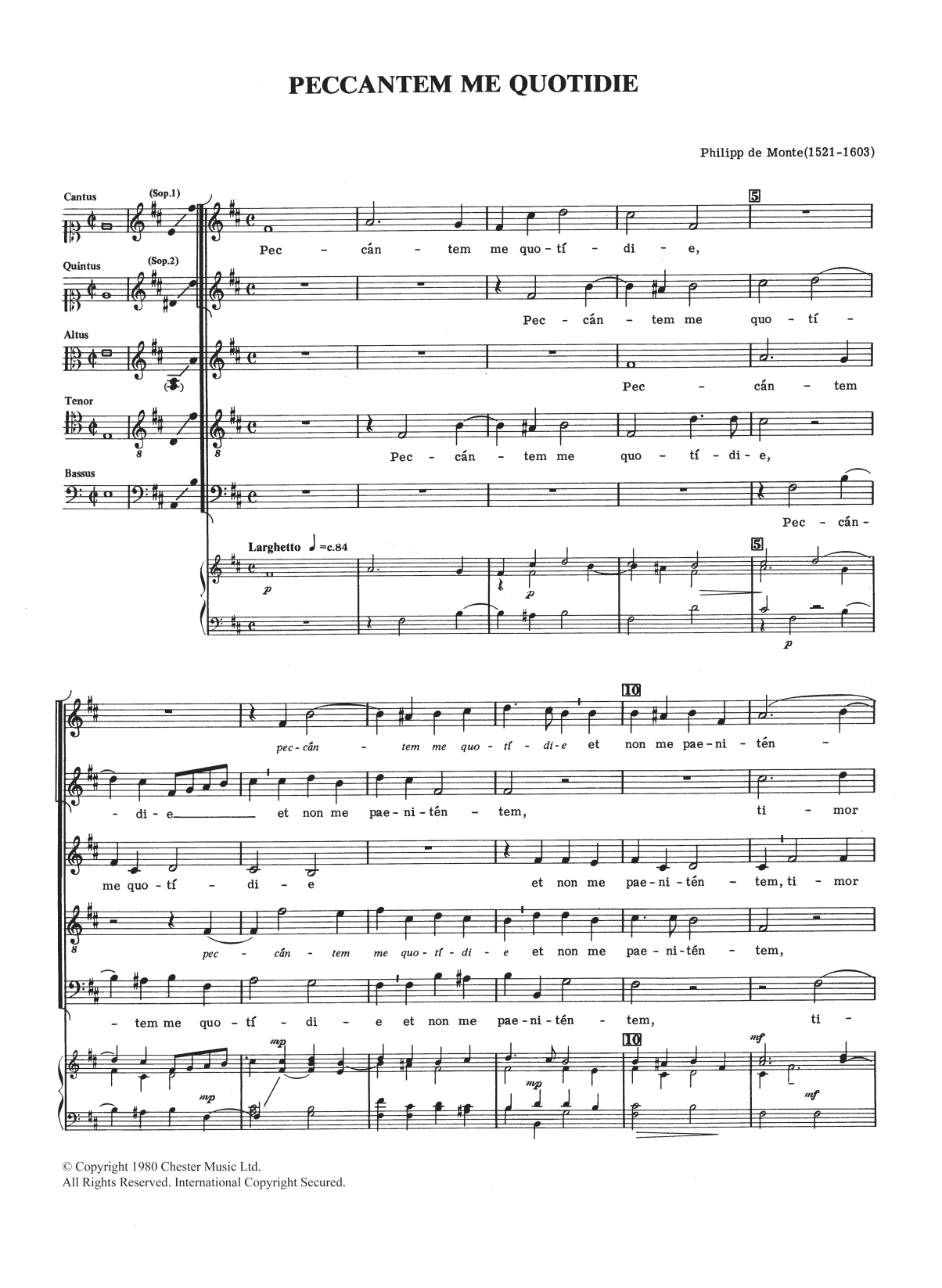 Philippe de Monte Peccantem Me Quotidie Sheet Music Notes & Chords for Choral SAATB - Download or Print PDF