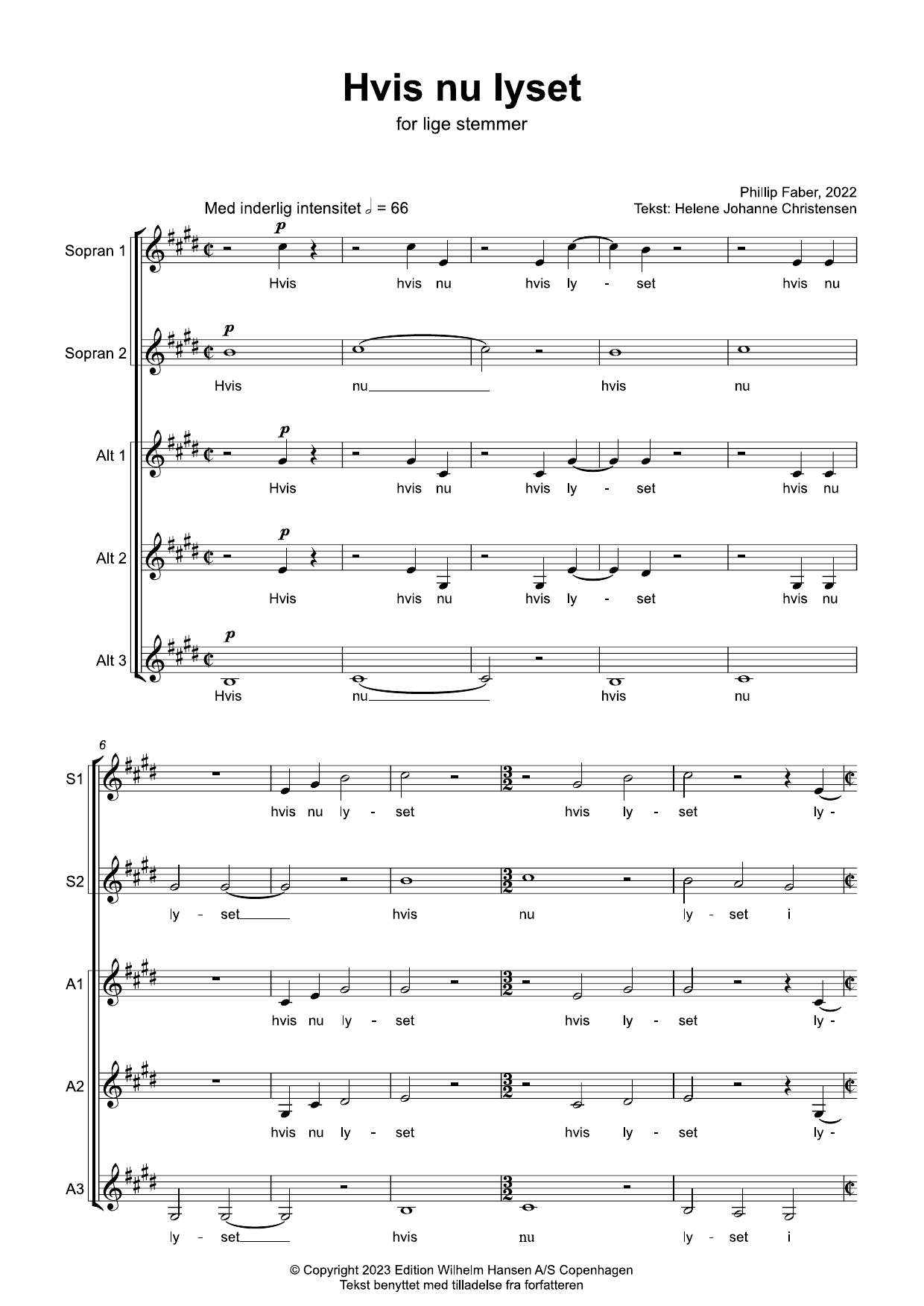 Phillip Faber Hvis Nu Lyset (SSAAA) Sheet Music Notes & Chords for Choir - Download or Print PDF