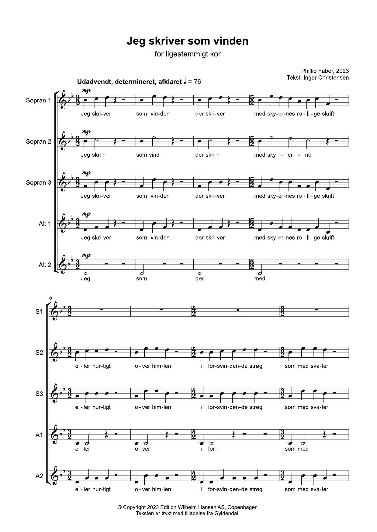 Phillip Faber Jeg Skriver Som Vinden Sheet Music Notes & Chords for Choir - Download or Print PDF