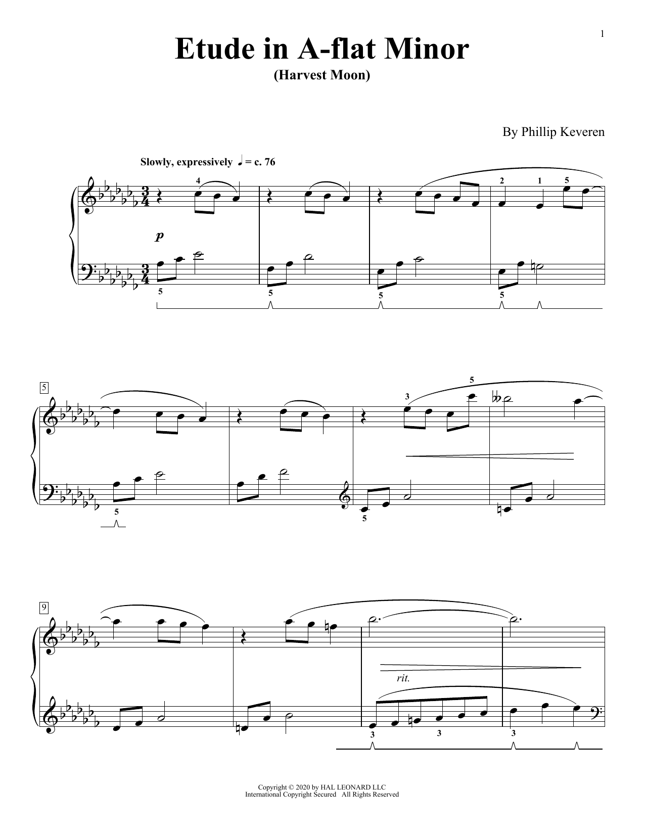 Phillip Keveren Etude In A-Flat Minor (Harvest Moon) Sheet Music Notes & Chords for Piano Solo - Download or Print PDF