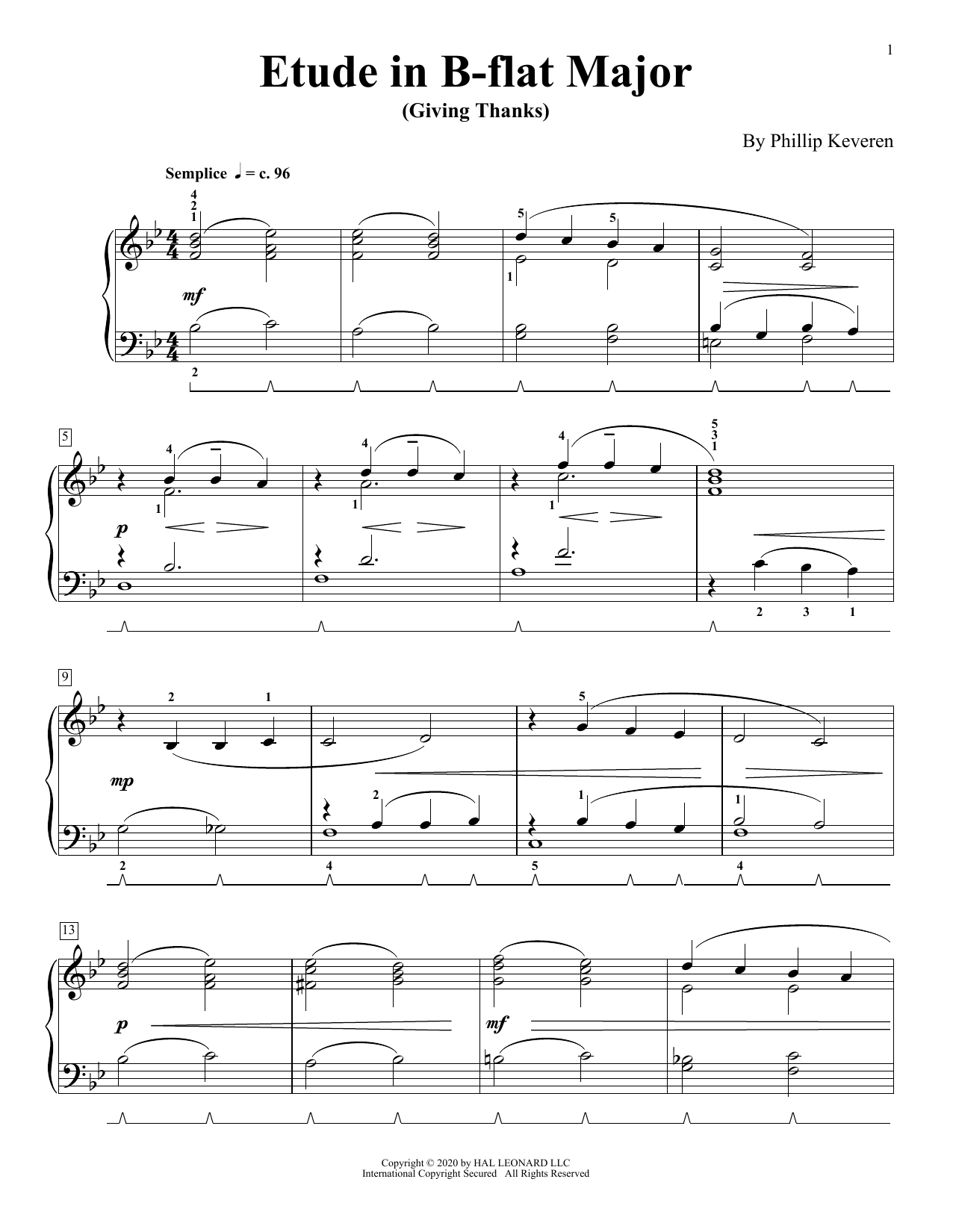 Phillip Keveren Etude In B-Flat Major (Giving Thanks) Sheet Music Notes & Chords for Piano Solo - Download or Print PDF