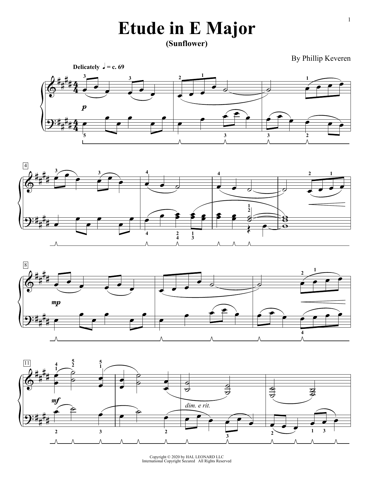 Phillip Keveren Etude In E Major (Sunflower) Sheet Music Notes & Chords for Piano Solo - Download or Print PDF