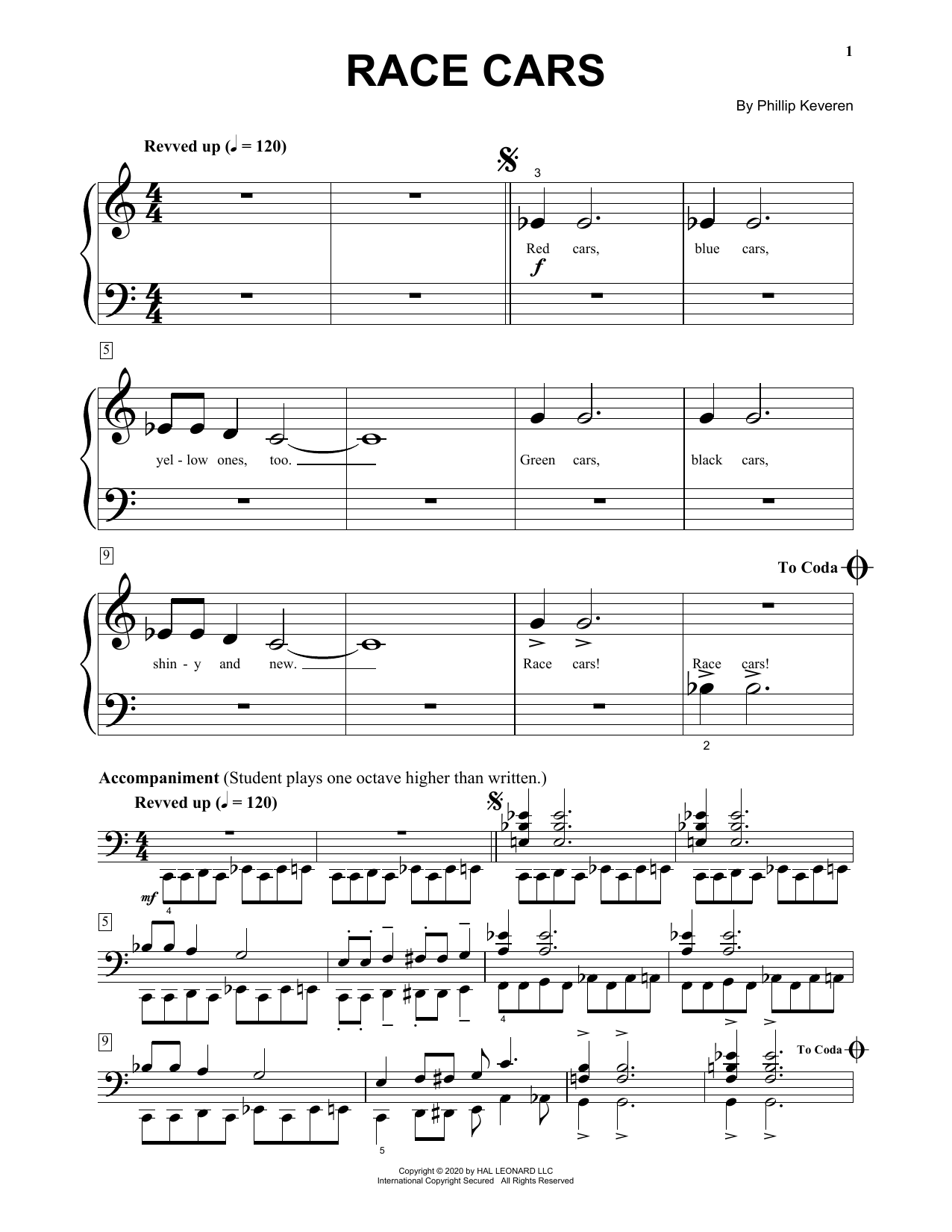 Phillip Keveren Race Cars Sheet Music Notes & Chords for Big Note Piano - Download or Print PDF