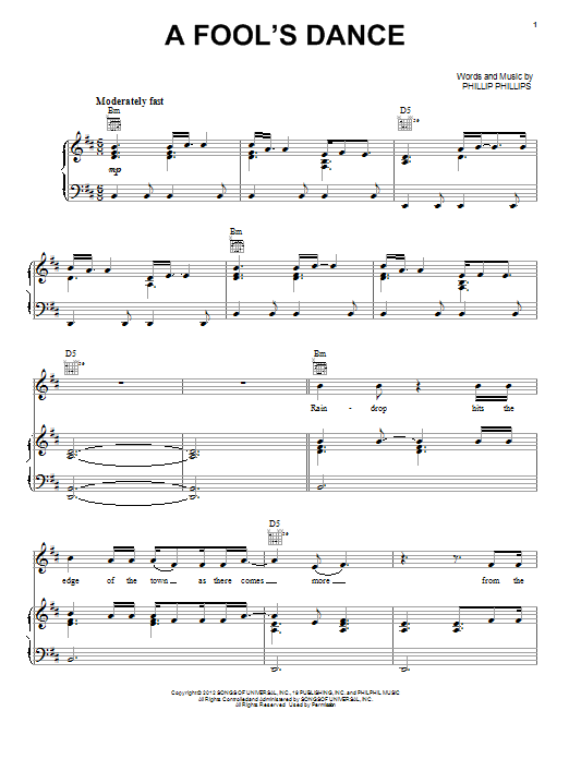 Phillip Phillips A Fool's Dance Sheet Music Notes & Chords for Piano, Vocal & Guitar (Right-Hand Melody) - Download or Print PDF