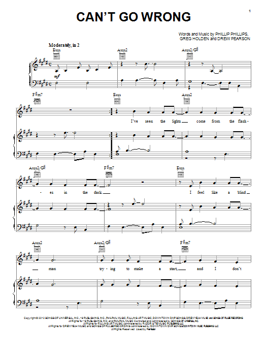 Phillip Phillips Can't Go Wrong Sheet Music Notes & Chords for Piano, Vocal & Guitar (Right-Hand Melody) - Download or Print PDF