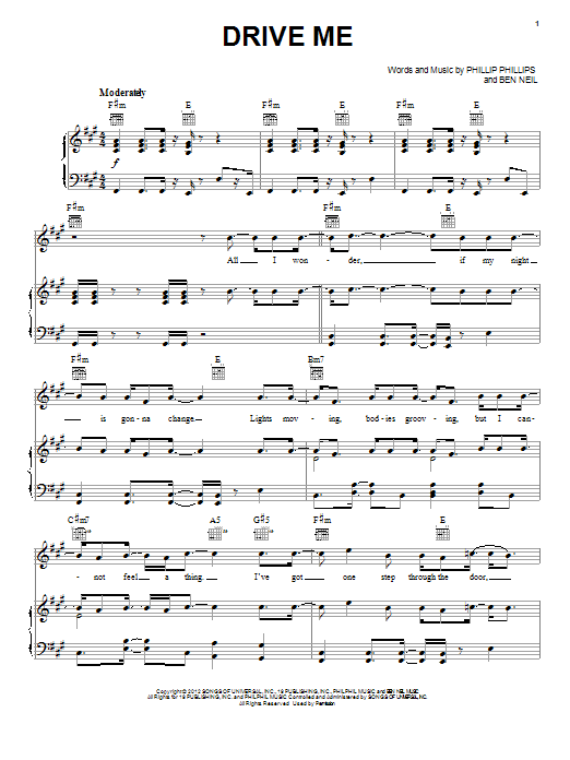 Phillip Phillips Drive Me Sheet Music Notes & Chords for Piano, Vocal & Guitar (Right-Hand Melody) - Download or Print PDF