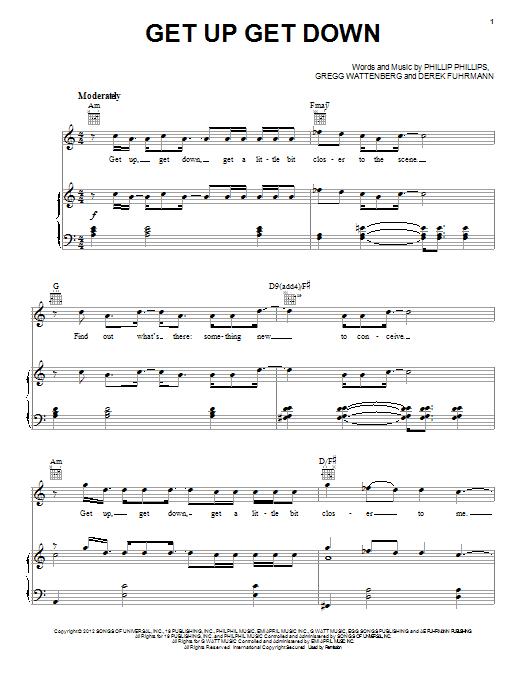 Phillip Phillips Get Up Get Down Sheet Music Notes & Chords for Piano, Vocal & Guitar (Right-Hand Melody) - Download or Print PDF