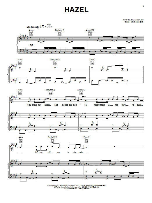 Phillip Phillips Hazel Sheet Music Notes & Chords for Piano, Vocal & Guitar (Right-Hand Melody) - Download or Print PDF