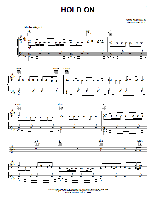 Phillip Phillips Hold On Sheet Music Notes & Chords for Piano, Vocal & Guitar (Right-Hand Melody) - Download or Print PDF