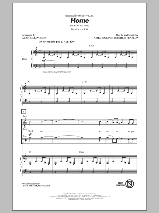 Phillip Phillips Home (arr. Alan Billingsley) Sheet Music Notes & Chords for SAB - Download or Print PDF