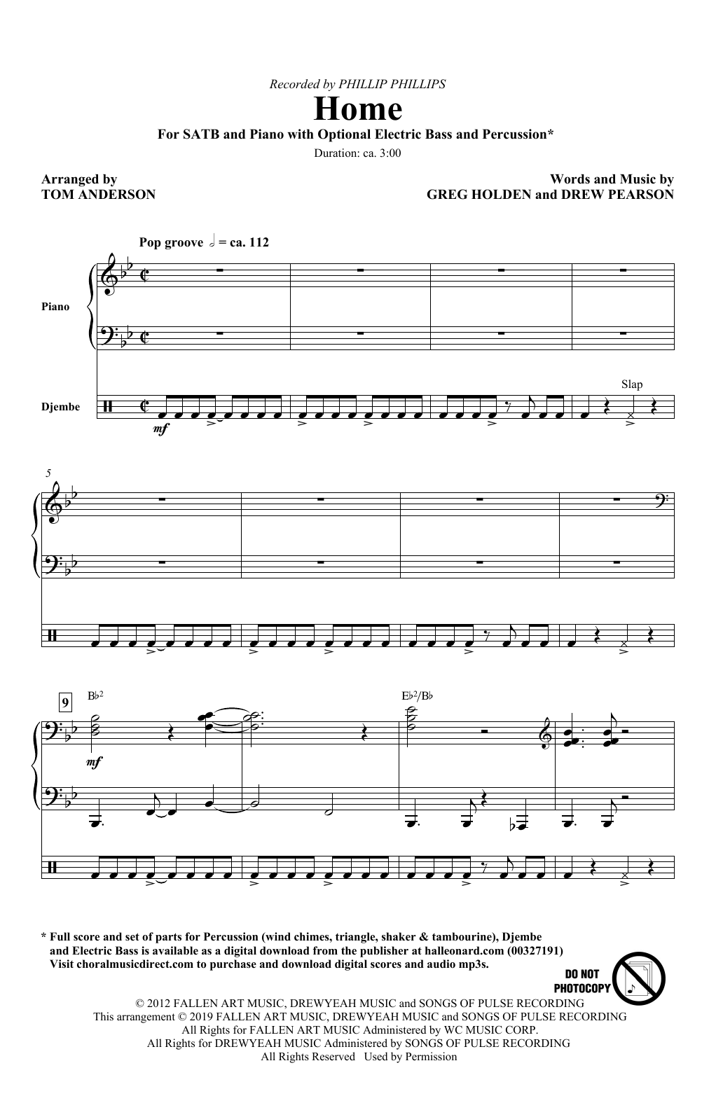 Phillip Phillips Home (arr. Tom Anderson) Sheet Music Notes & Chords for SATB Choir - Download or Print PDF