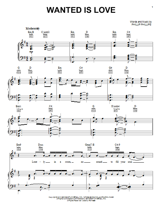 Phillip Phillips Wanted Is Love Sheet Music Notes & Chords for Piano, Vocal & Guitar (Right-Hand Melody) - Download or Print PDF