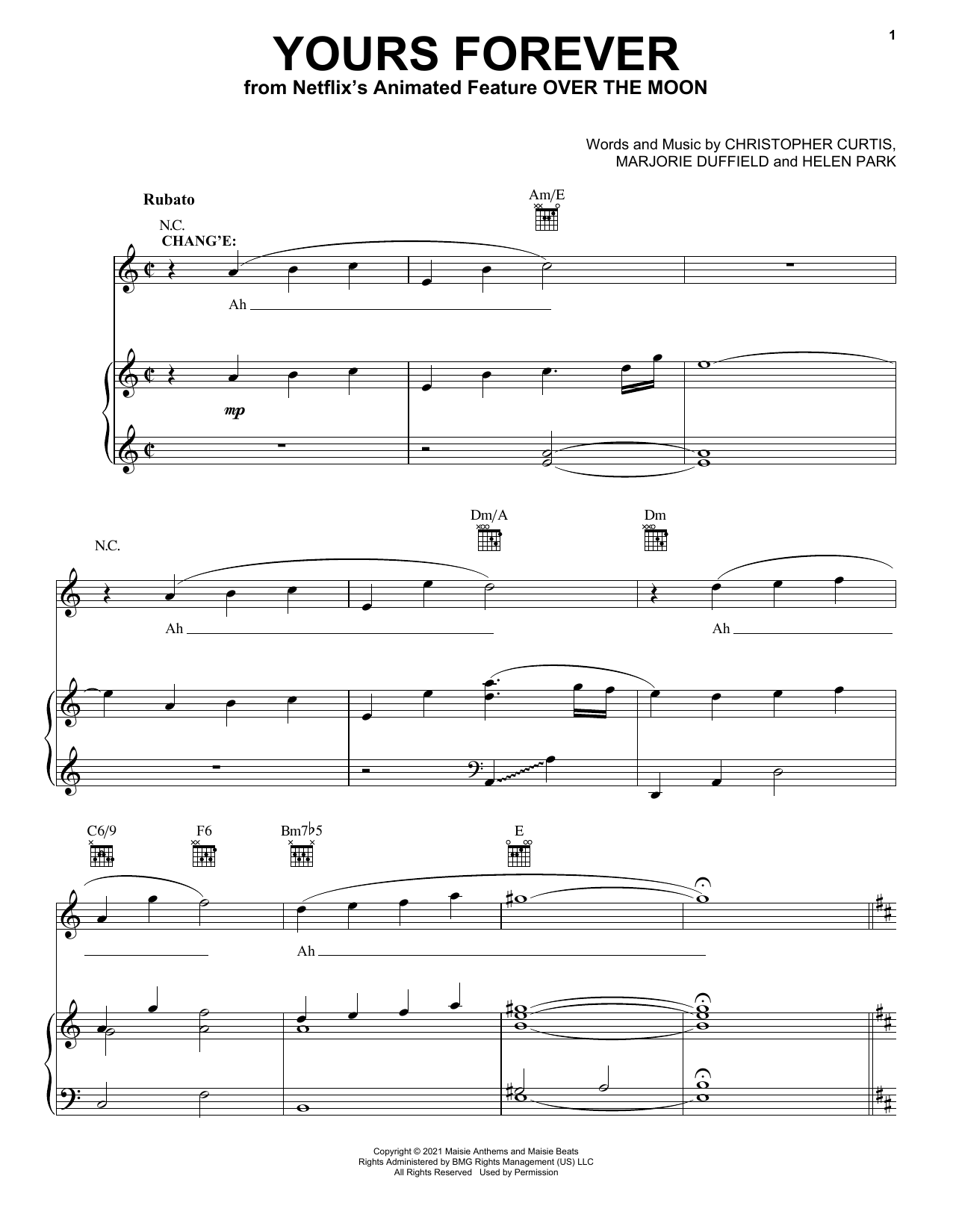 Phillipa Soo and Conrad Ricamora Yours Forever (from Over The Moon) Sheet Music Notes & Chords for Piano, Vocal & Guitar Chords (Right-Hand Melody) - Download or Print PDF