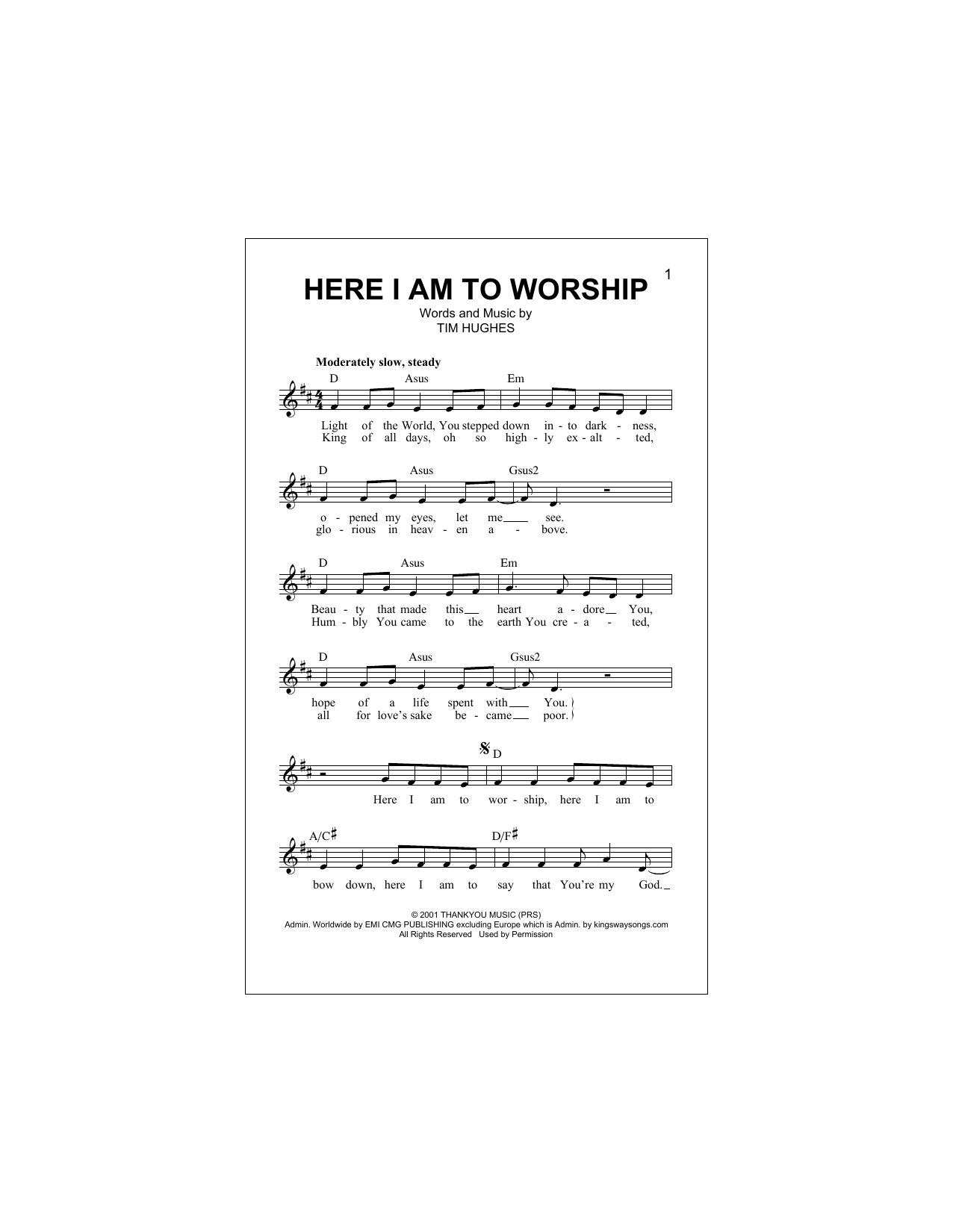 Phillips, Craig & Dean Here I Am To Worship (Light Of The World) Sheet Music Notes & Chords for Violin Solo - Download or Print PDF