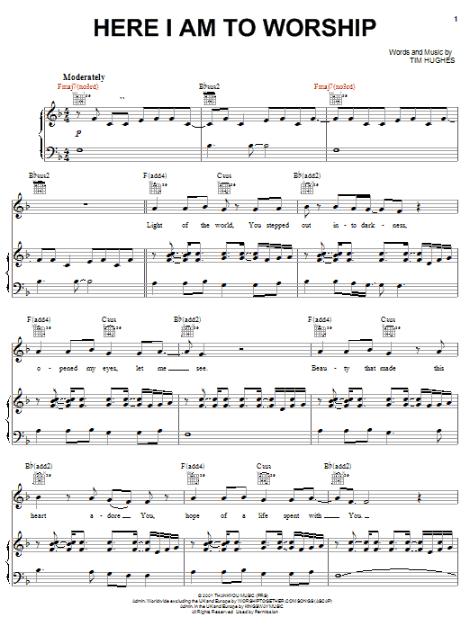 Phillips, Craig & Dean Here I Am To Worship Sheet Music Notes & Chords for Piano, Vocal & Guitar (Right-Hand Melody) - Download or Print PDF