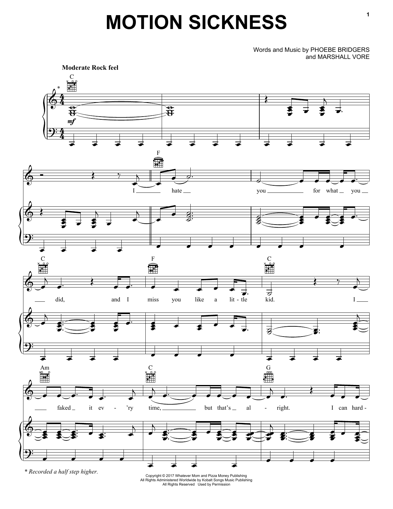 Phoebe Bridgers Motion Sickness Sheet Music Notes & Chords for Piano, Vocal & Guitar (Right-Hand Melody) - Download or Print PDF