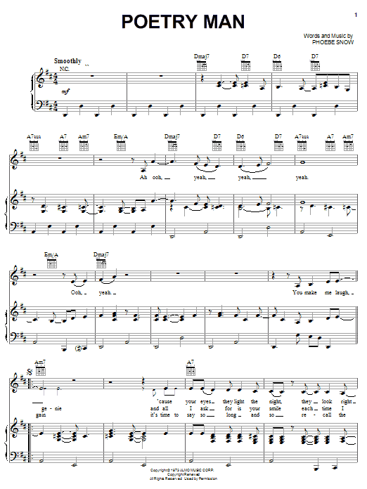 Phoebe Snow Poetry Man Sheet Music Notes & Chords for Piano, Vocal & Guitar (Right-Hand Melody) - Download or Print PDF