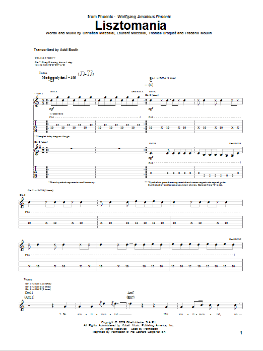 Phoenix Lisztomania Sheet Music Notes & Chords for Guitar Tab - Download or Print PDF
