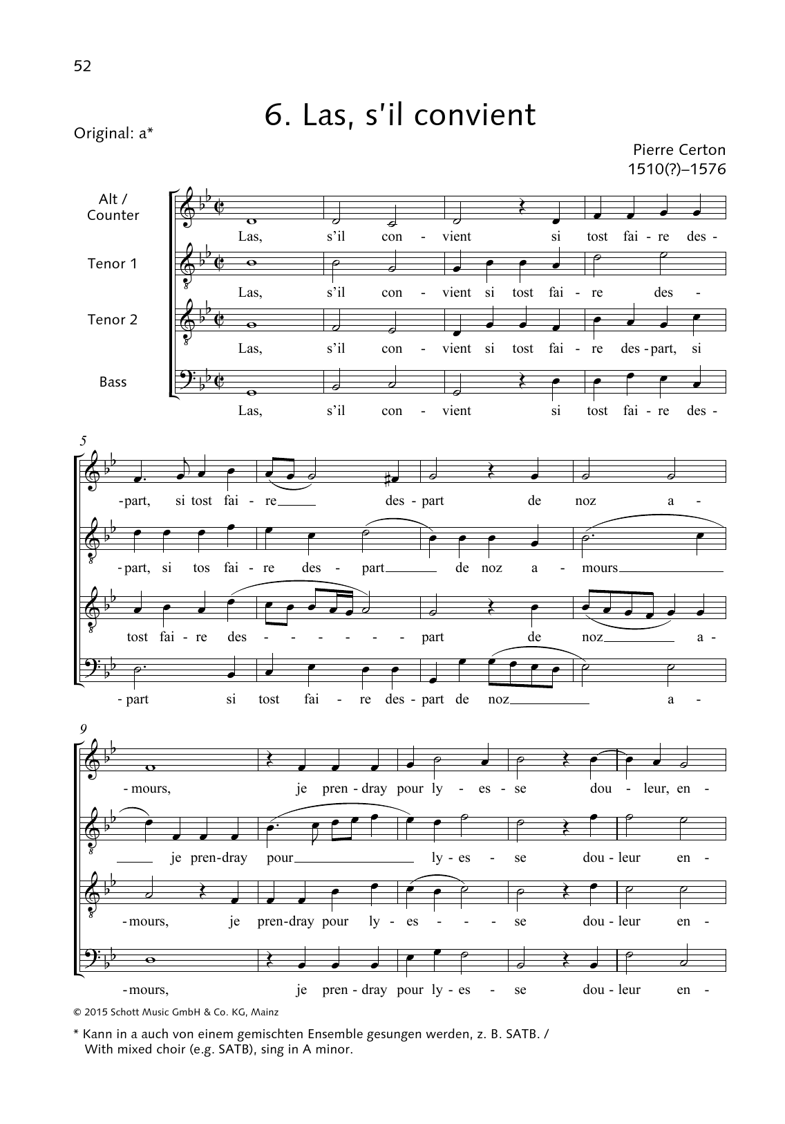 Pierre Certon Las s'il convient Sheet Music Notes & Chords for Choral - Download or Print PDF