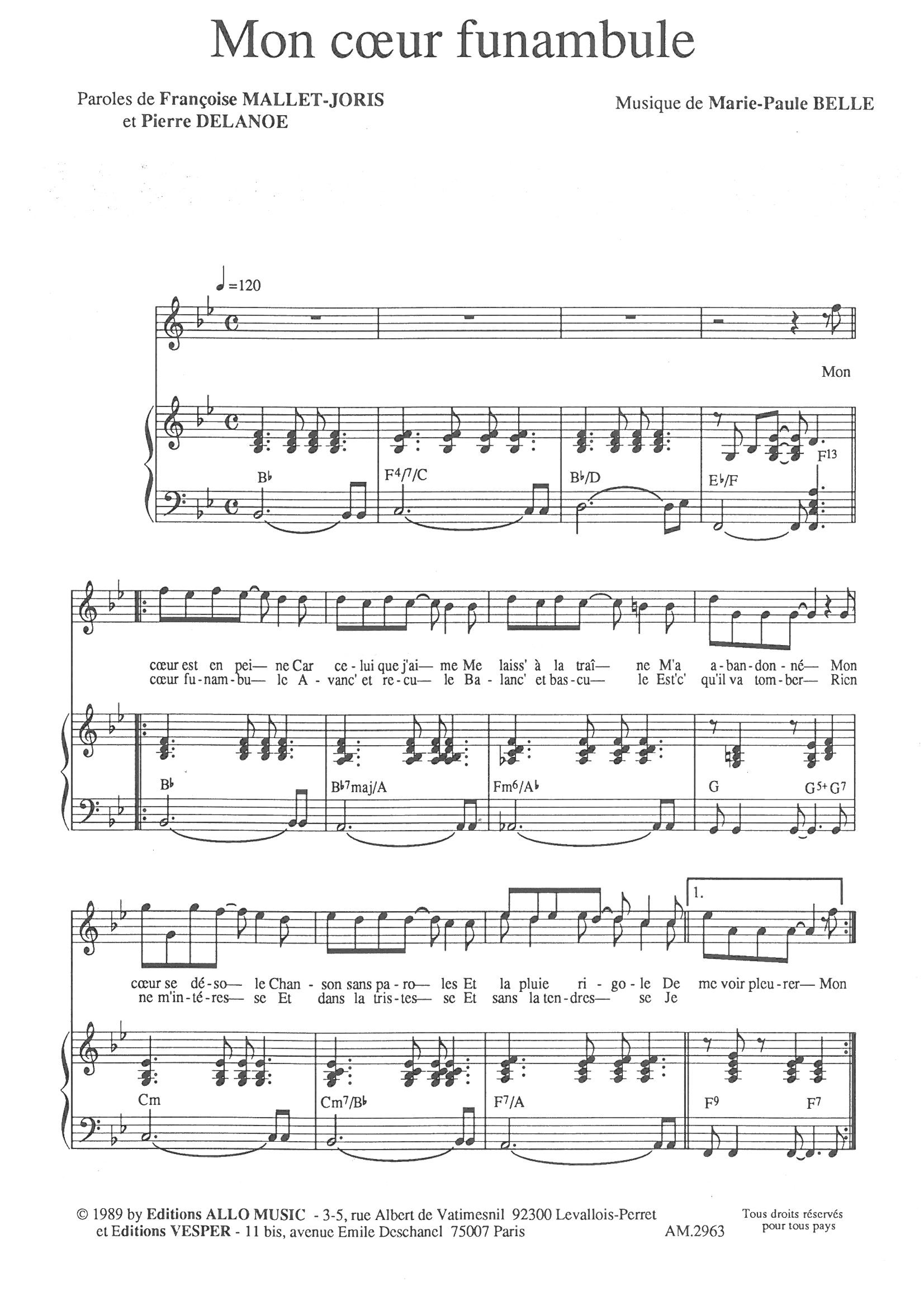 Pierre Delanoë, Françoise Mallet-Joris and Marie Paule Belle Mon Coeur Funambule Sheet Music Notes & Chords for Piano & Vocal - Download or Print PDF