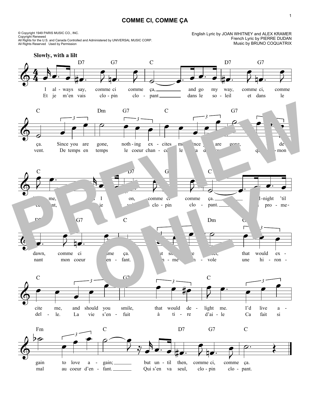 Pierre Dudan (orig. French) Comme Ci, Comme Ca Sheet Music Notes & Chords for Melody Line, Lyrics & Chords - Download or Print PDF