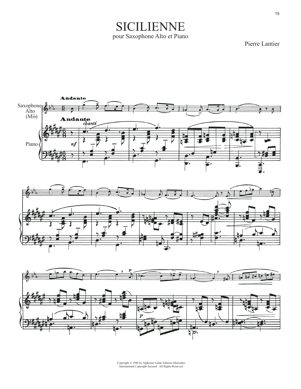 Pierre Lantier Sicilienne Sheet Music Notes & Chords for Alto Sax and Piano - Download or Print PDF