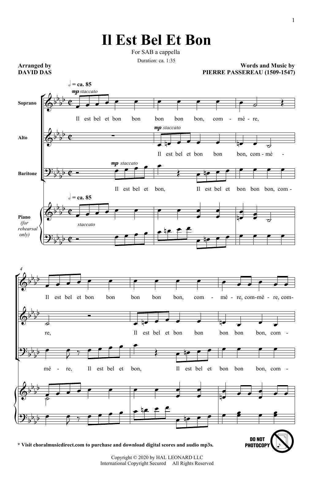 Pierre Passereau Il Est Bel Et Bon (arr. David Das) Sheet Music Notes & Chords for SAB Choir - Download or Print PDF