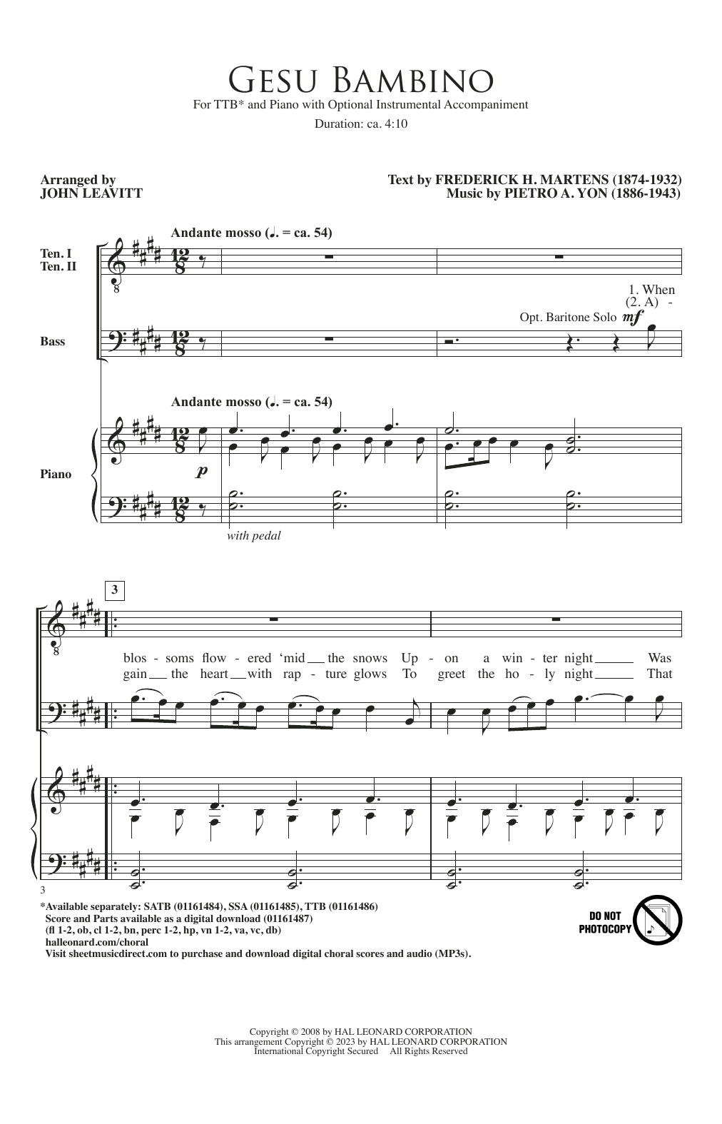 Pietro A. Yon Gesú Bambino (arr. John Leavitt) Sheet Music Notes & Chords for SSA Choir - Download or Print PDF