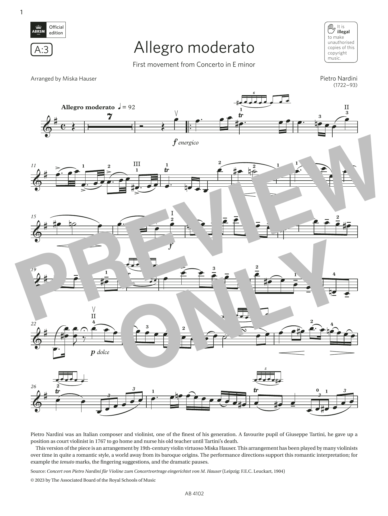 Pietro Nardini Allegro moderato (Grade 8, A3, from the ABRSM Violin Syllabus from 2024) Sheet Music Notes & Chords for Violin Solo - Download or Print PDF