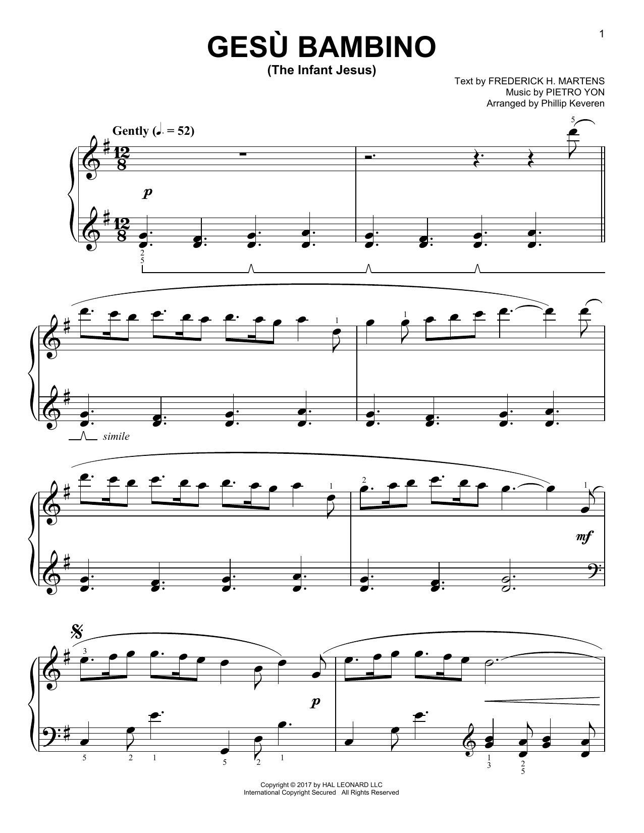 Pietro Yon Gesu Bambino (The Infant Jesus) [Classical version] (arr. Phillip Keveren) Sheet Music Notes & Chords for Easy Piano - Download or Print PDF