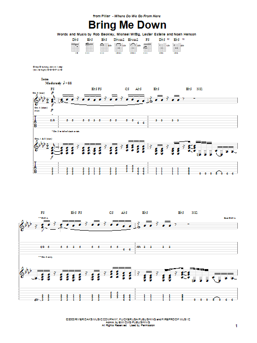 Pillar Bring Me Down Sheet Music Notes & Chords for Guitar Tab - Download or Print PDF