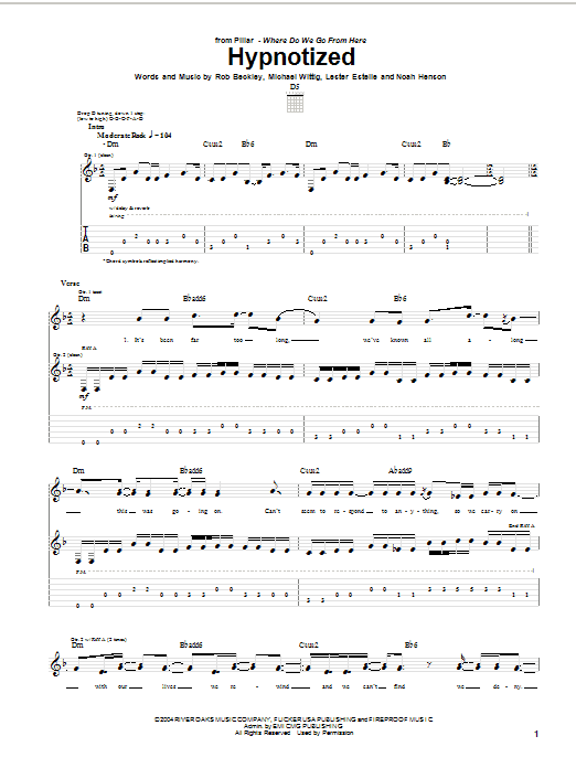 Pillar Hypnotized Sheet Music Notes & Chords for Guitar Tab - Download or Print PDF