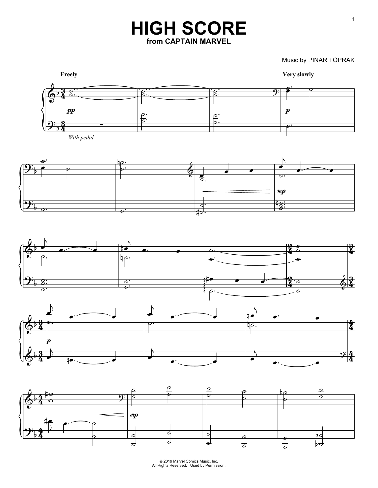 Pinar Toprak High Score (from Captain Marvel) Sheet Music Notes & Chords for Piano Solo - Download or Print PDF
