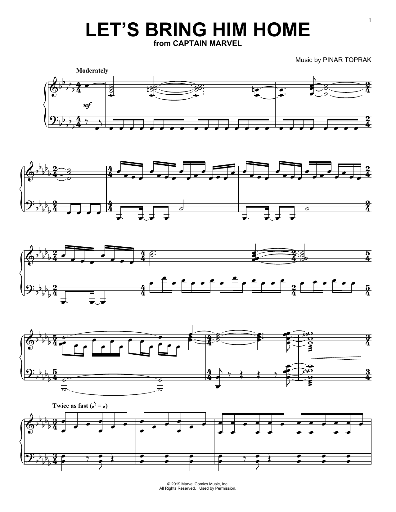 Pinar Toprak Let's Bring Him Home (from Captain Marvel) Sheet Music Notes & Chords for Piano Solo - Download or Print PDF