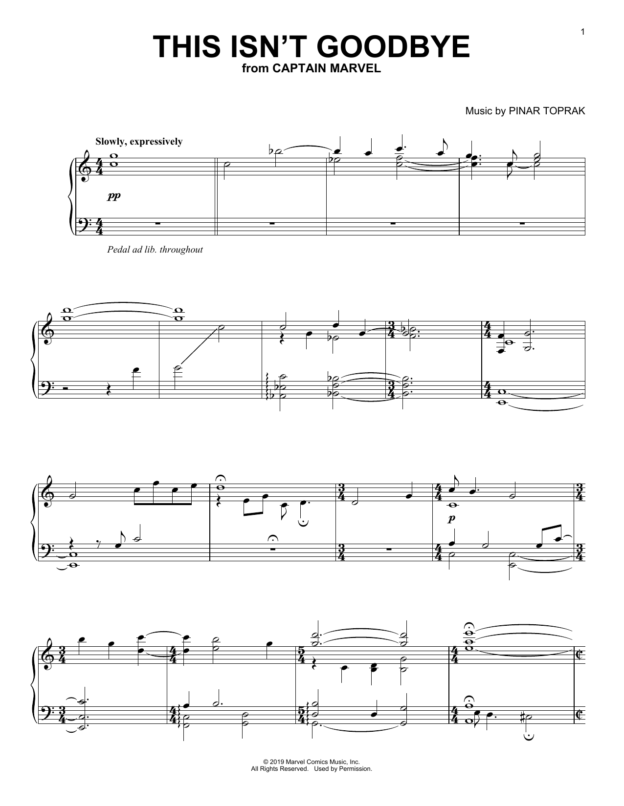 Pinar Toprak This Isn't Goodbye (from Captain Marvel) Sheet Music Notes & Chords for Piano Solo - Download or Print PDF