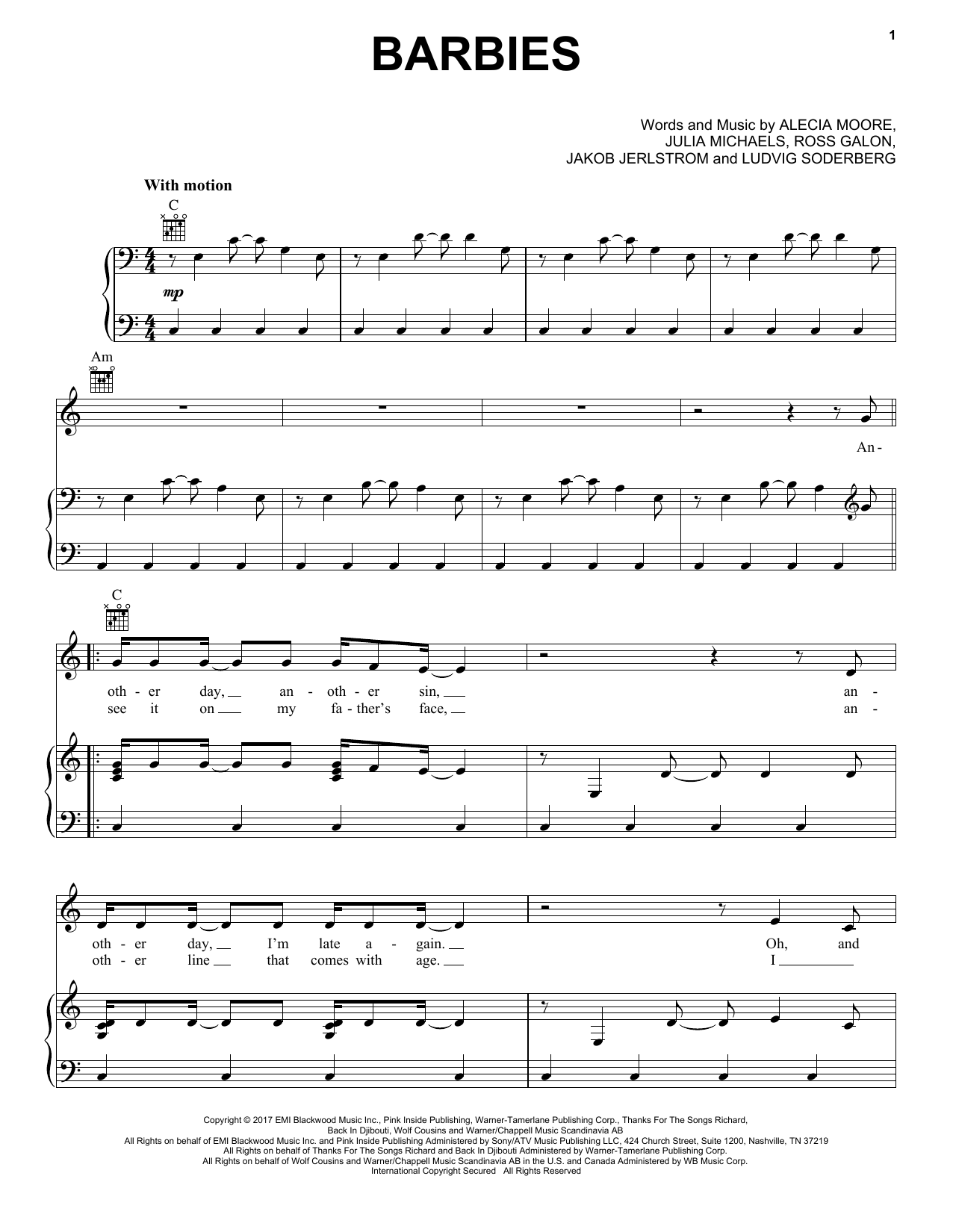 Pink Barbies Sheet Music Notes & Chords for Piano, Vocal & Guitar (Right-Hand Melody) - Download or Print PDF
