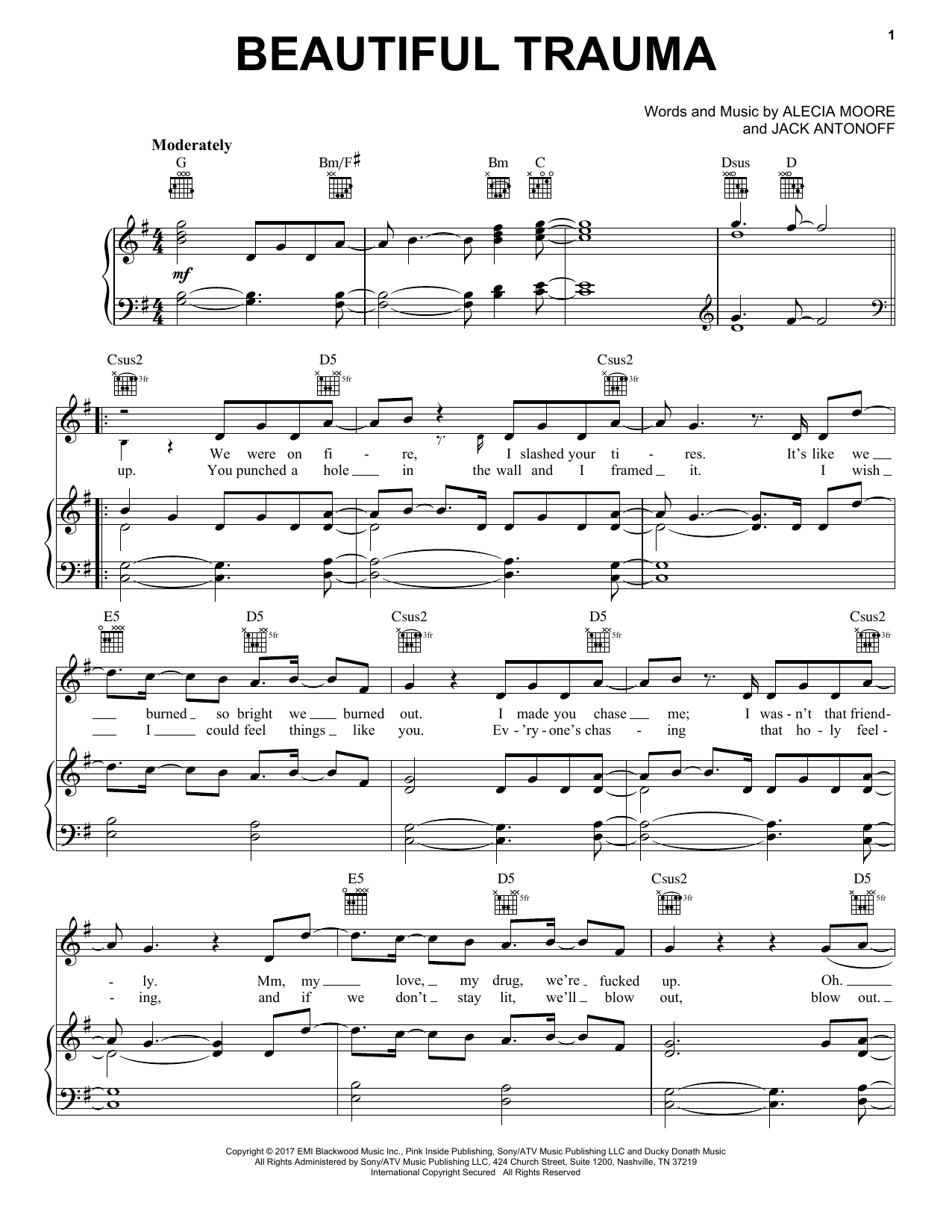 Pink Beautiful Trauma Sheet Music Notes & Chords for Piano, Vocal & Guitar (Right-Hand Melody) - Download or Print PDF