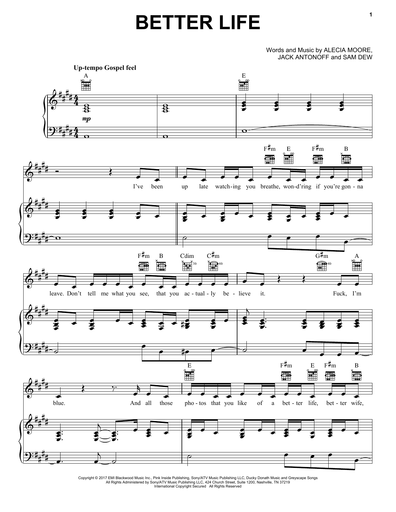 Pink Better Life Sheet Music Notes & Chords for Piano, Vocal & Guitar (Right-Hand Melody) - Download or Print PDF