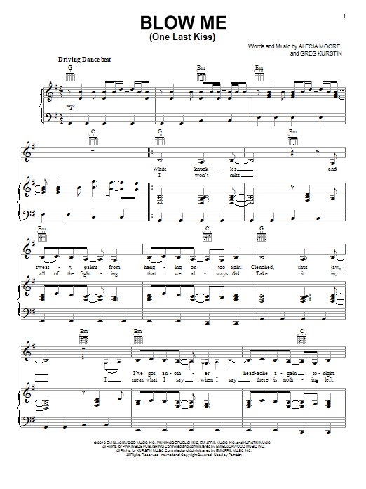 Pink Blow Me (One Last Kiss) Sheet Music Notes & Chords for Easy Piano - Download or Print PDF