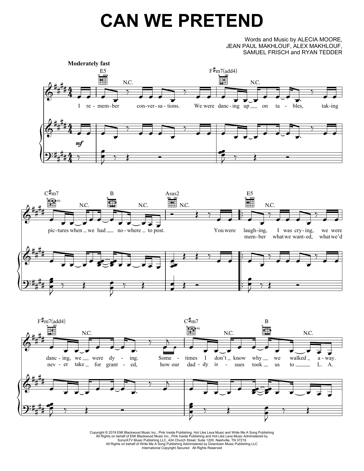 Pink Can We Pretend (feat. Cash Cash) Sheet Music Notes & Chords for Piano, Vocal & Guitar (Right-Hand Melody) - Download or Print PDF